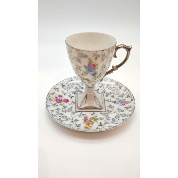 Cup and Saucer Demitasse Square Pedestal White with Silver Pink Flowers - Picture 1 of 7